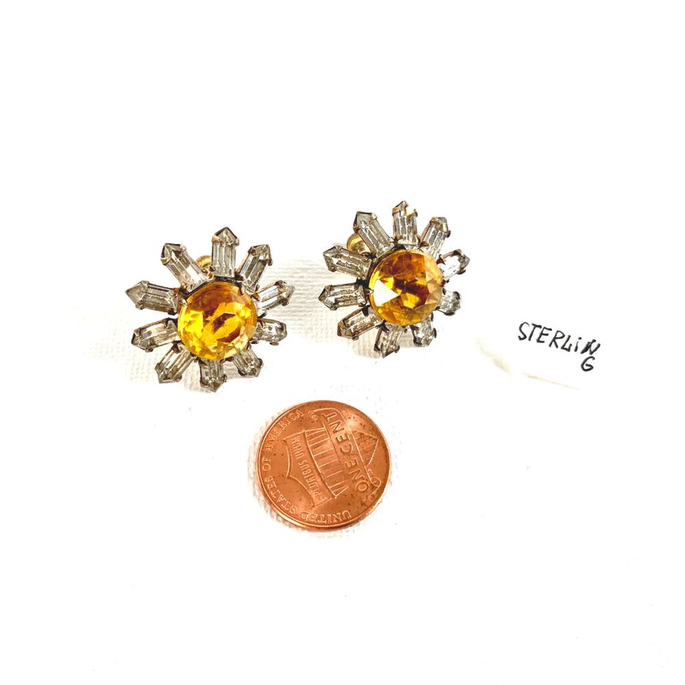 Vintage Sterling Silver Crystal Rhinestones Daisy Earrings Screw Back - Picture 16 of 16